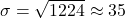 \sigma = \sqrt{1224} \approx 35